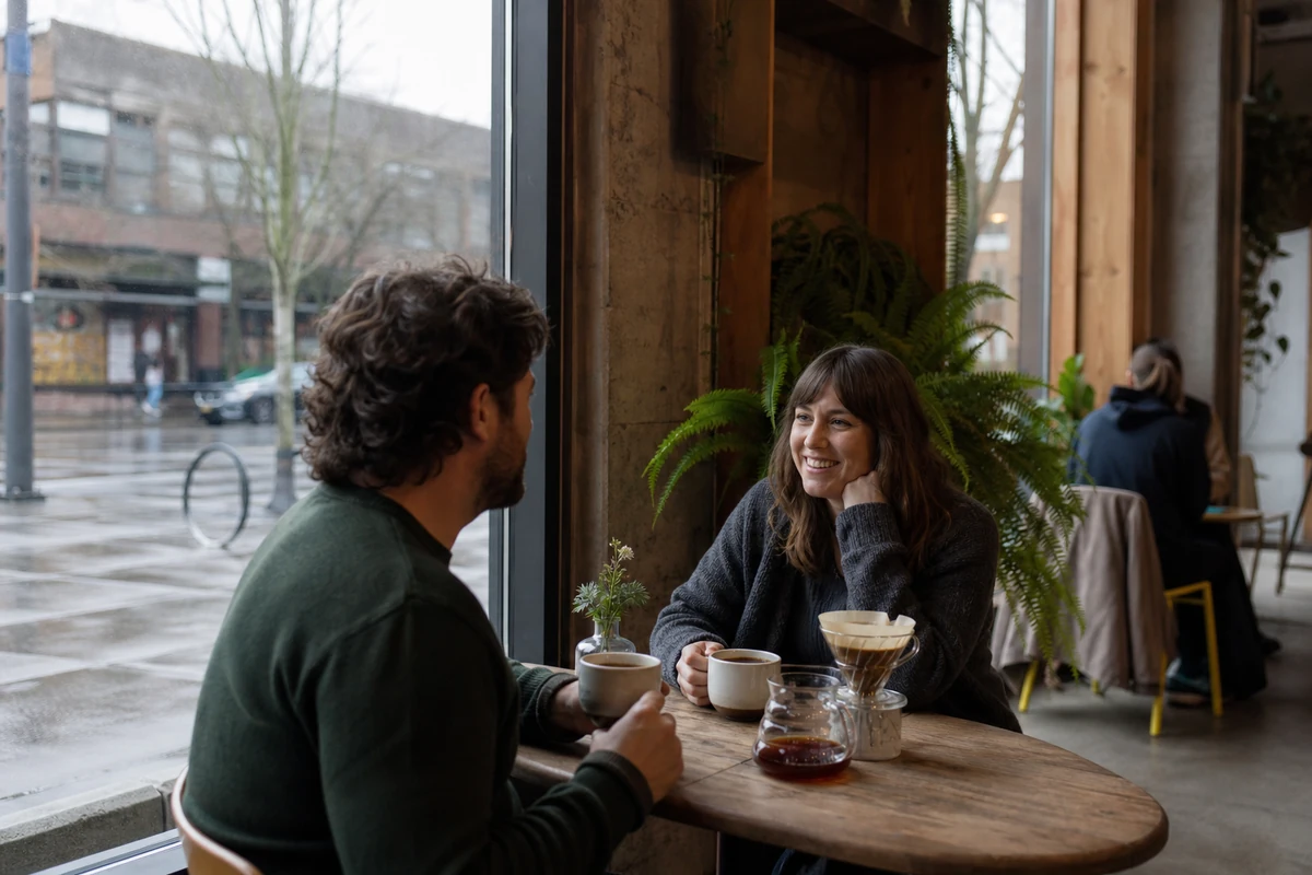 Two adults talking over pour-over coffee beside a rainy Portland street