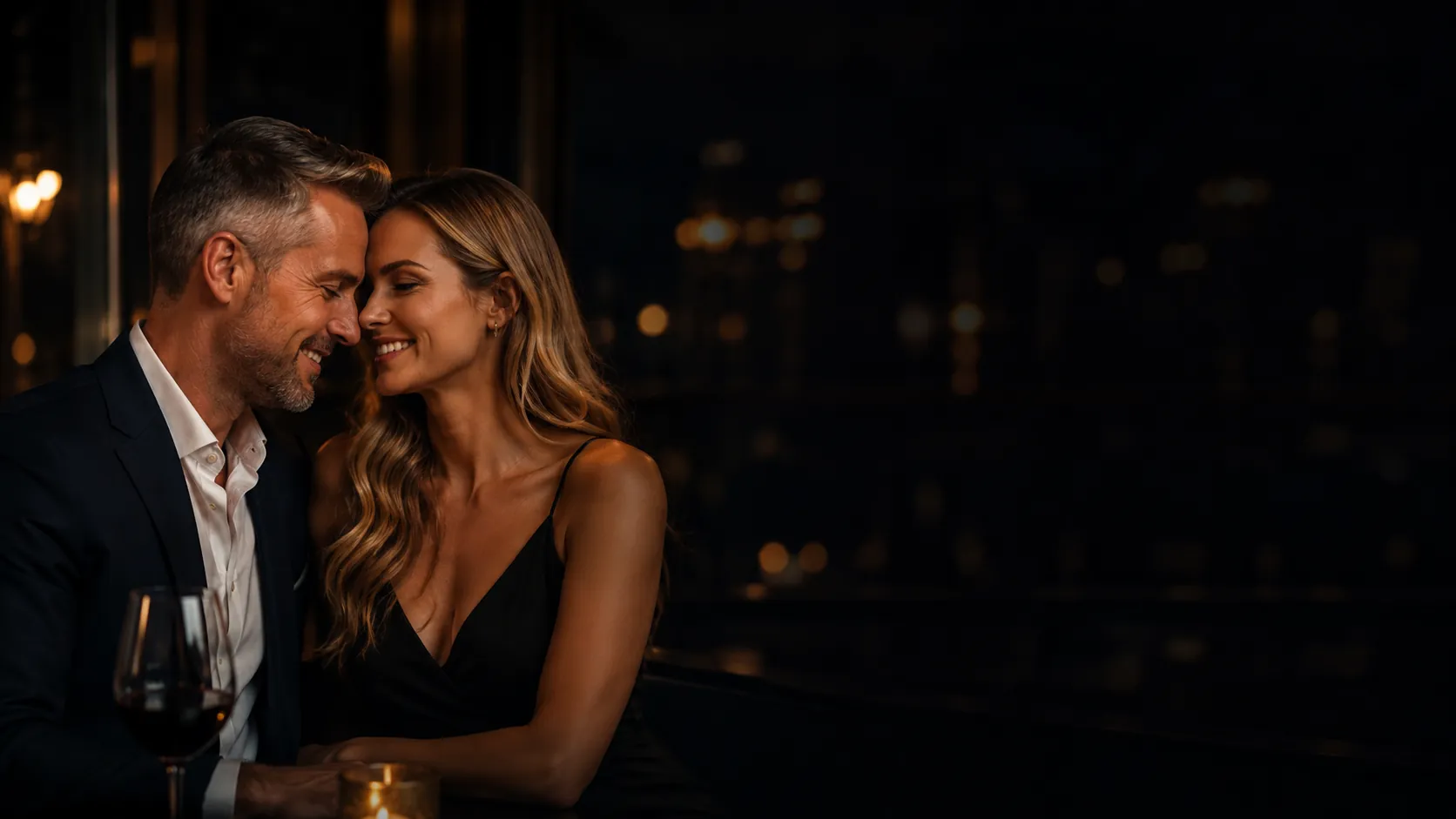 A smiling couple sharing a quiet evening together in Portland