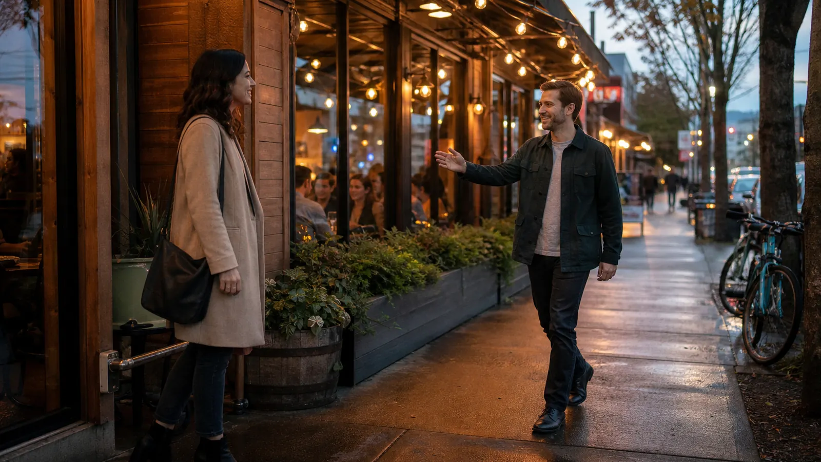 Two adults meeting outside a busy Portland restaurant