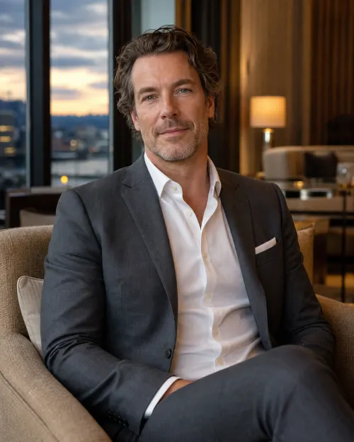 Daniel, an adult Portland entrepreneur in an elegant hotel lounge