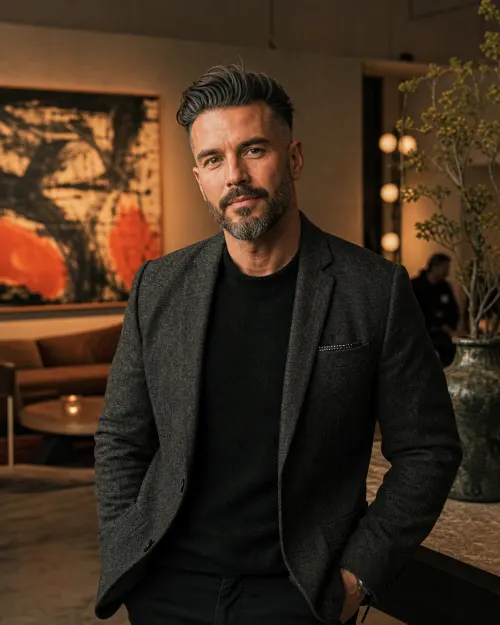 Marcus, an adult Portland creative director in an art-filled lounge